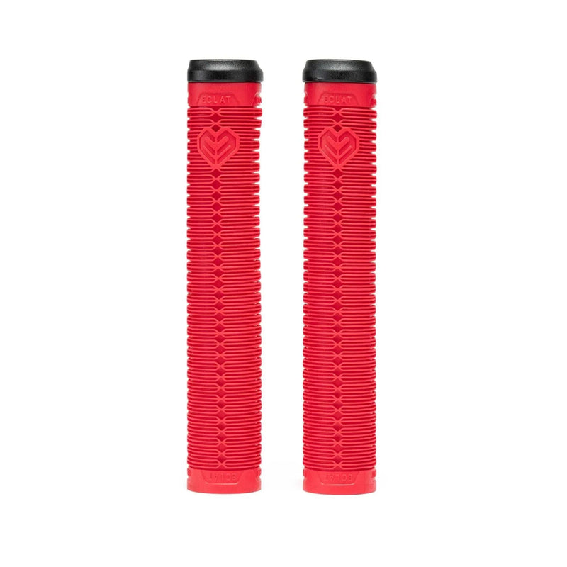 Pair of red ÉCLAT SHOGUN GRIP flangeless bike grips with ribbed texture and black Techbolt barends