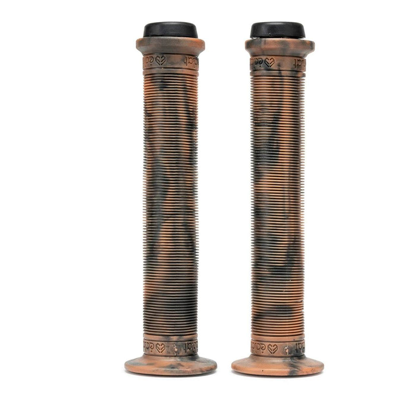 Pair of ÉCLAT ZAP GRIP super long BMX grips in black and gum color with ribbed pattern and flange options.