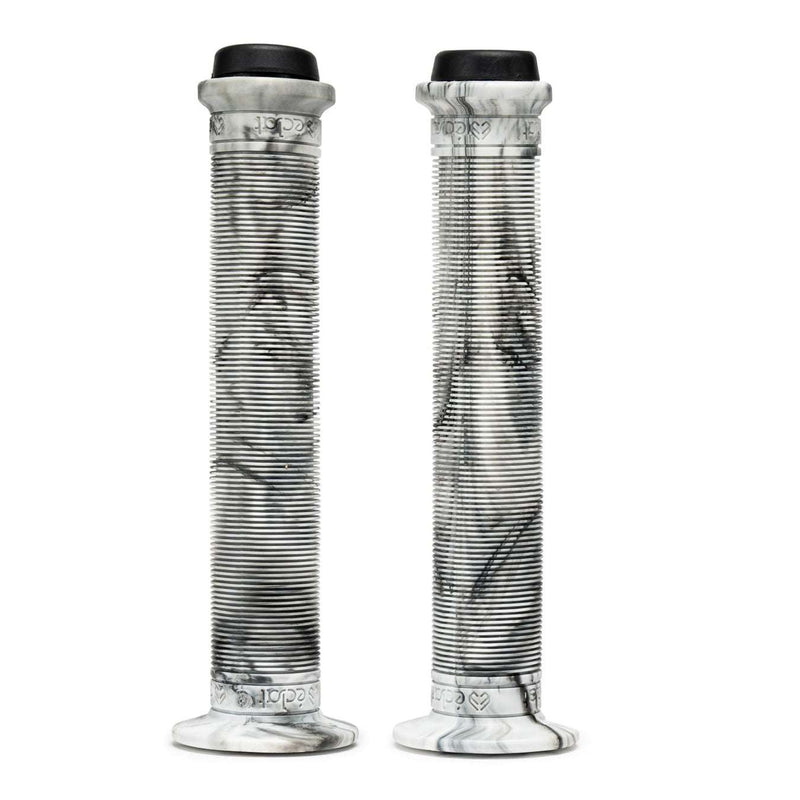 Pair of ÉCLAT ZAP GRIP long ribbed bicycle grips in marble pattern with tall and low flange options and Corkx V2 bar ends