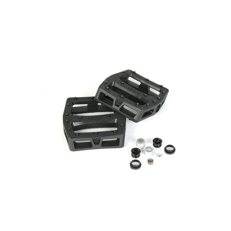 Black ÉCLAT SEEKER PEDAL BODY set with hardware components for BMX bike pedals