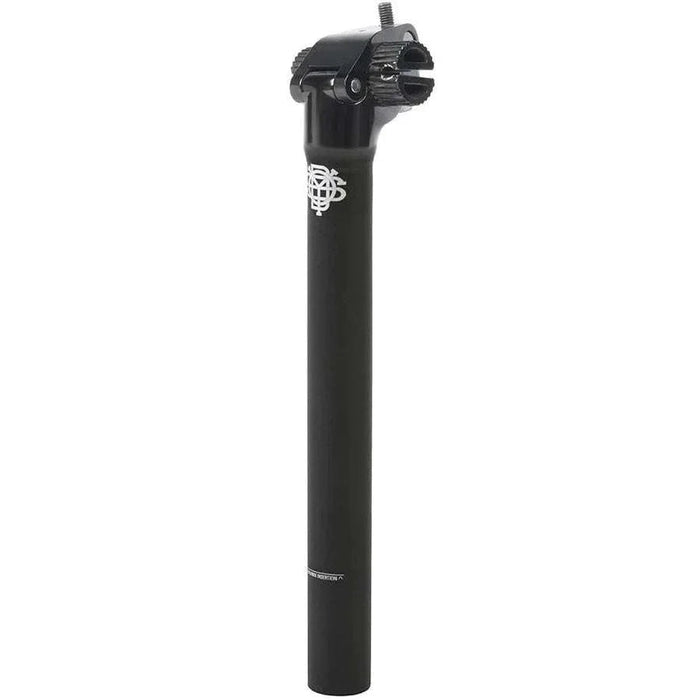 Black lightweight aluminum Odyssey Intac seatpost with micro-adjust seat clamp and 25.4mm diameter