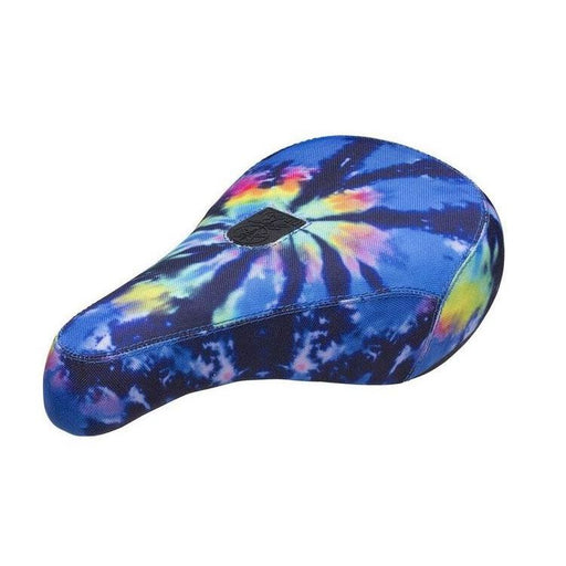 STRANGER FURTHER SEAT V2 tie-dye pivotal bike seat with vibrant trippy pattern