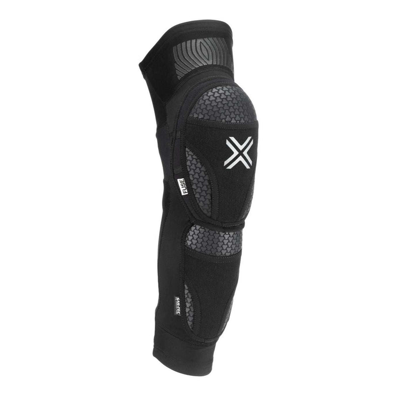 FUSE Omega 75 Elite black and grey MTB knee and shin protective pad combo with reinforced Kevlar and breathable Lycra design