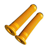 Pair of yellow Animal Clifton Grips, 165 mm long with small flange, made from soft Kraton gum with included Animal Sewer Nylon bar ends.
