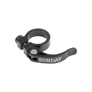 Black Sunday seat post clamp quick release lever for BMX and larger bikes, compatible with 28.6mm and 29.8mm steel frames.