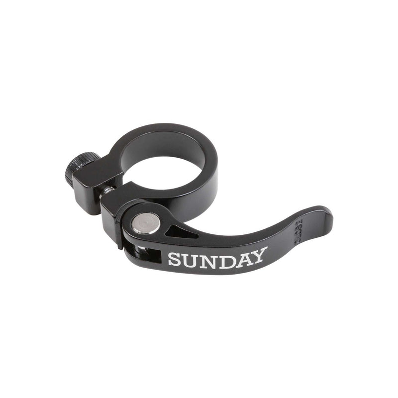 Black Sunday seat post clamp quick release lever for BMX and larger bikes, compatible with 28.6mm and 29.8mm steel frames.