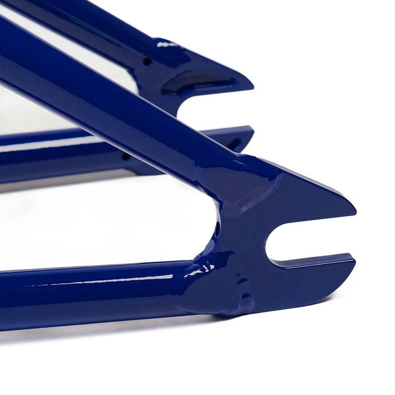 Close-up of blue TOTAL BMX TWS 2 PRO frame dropout section with glossy finish