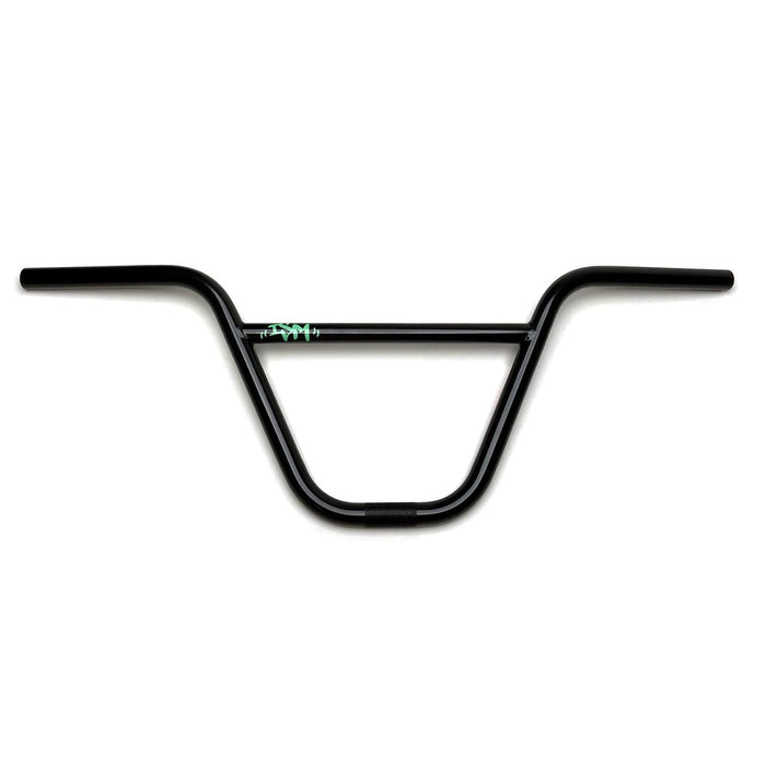 Black STRANGER ISM 2PC HANDLEBAR made of 100% heat-treated Chromoly with 2° upsweep and 11° backsweep, 29-inch wide BMX handlebar