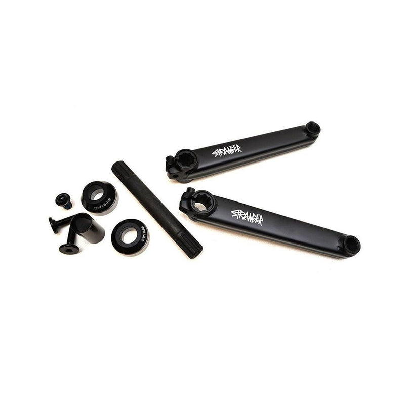 Stranger Level Crank BMX bike crankset with 8 spline system, pinch bolt, 165mm and 175mm arm options, 19mm axle, and Primo Mid Bottom Bracket.