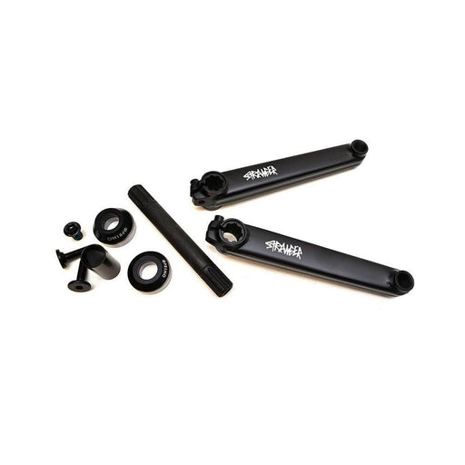 Stranger Level Crank BMX bike crankset with 8 spline system, pinch bolt, 165mm and 175mm arm options, 19mm axle, and Primo Mid Bottom Bracket.