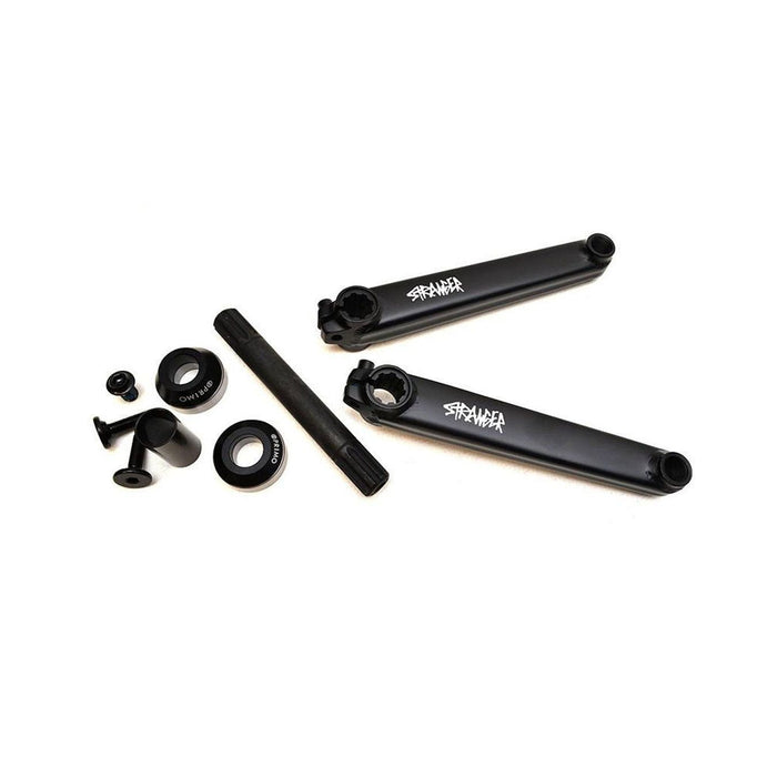 Stranger Level Crank BMX bike crankset with 8 spline system, pinch bolt, 165mm and 175mm arm options, 19mm axle, and Primo Mid Bottom Bracket.