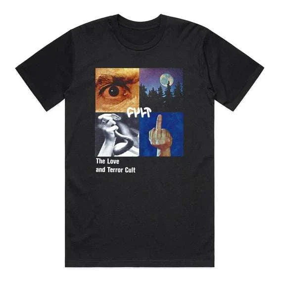 Black Cult Love & Terror T-shirt featuring a 5-color screen print with eye, moonlit trees, hands, and middle finger graphics on a Gildan Hammer tee