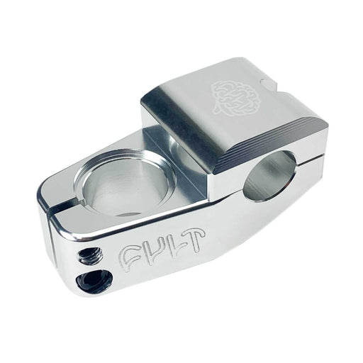 CULT MAX VU STEM silver 6061 aluminum BMX bike stem with solid bolts and recessed compression bolt area.
