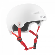 White TSG Evolution Helmet with red straps and skate-style hardshell design for bike and skate protection