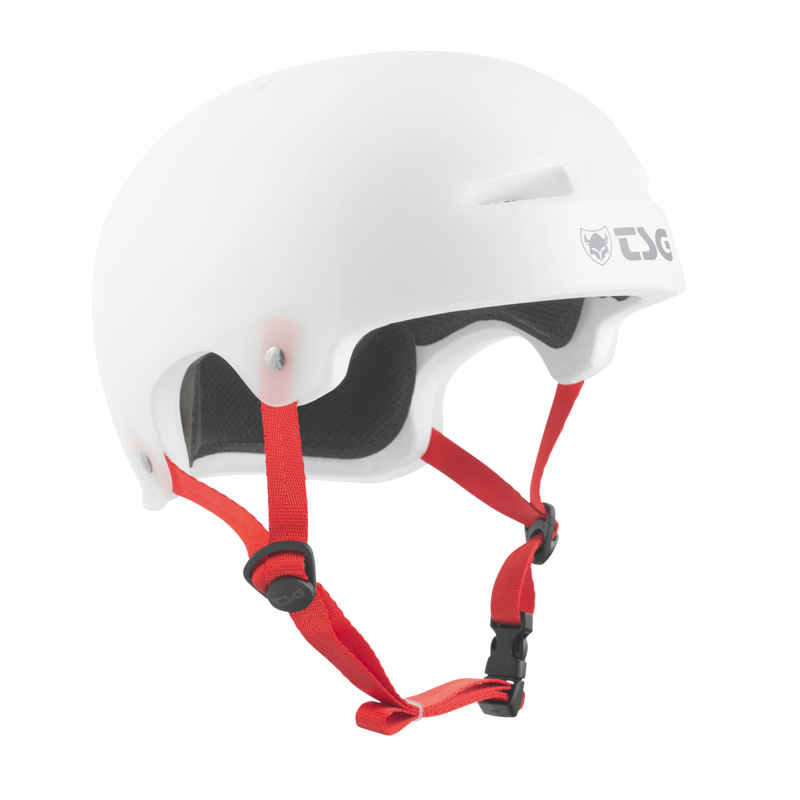 White TSG Evolution Helmet with red straps and skate-style hardshell design for bike and skate protection