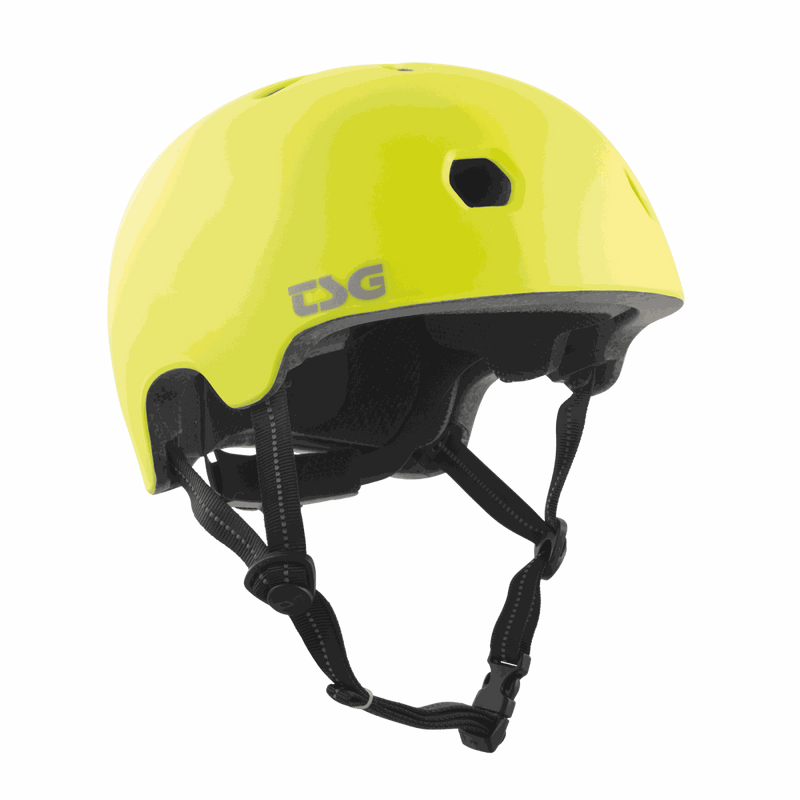 Yellow TSG Meta Solid Color Helmet with adjustable straps for urban biking and skating safety