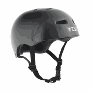 Black TSG Skate/BMX helmet with secure chin straps and ventilation slots designed for skateboarding and BMX riding
