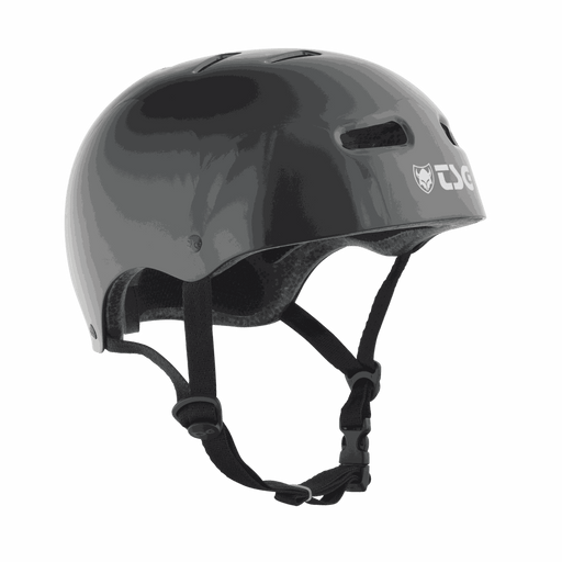 Black TSG Skate/BMX helmet with secure chin straps and ventilation slots designed for skateboarding and BMX riding
