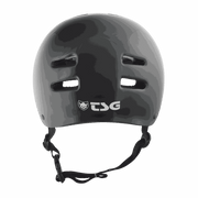 TSG Skate/BMX helmet in black with ventilation slots and adjustable chin strap designed for skateboarding and BMX riding.