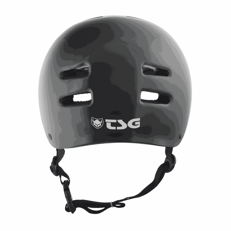 TSG Skate/BMX helmet in black with ventilation slots and adjustable chin strap designed for skateboarding and BMX riding.