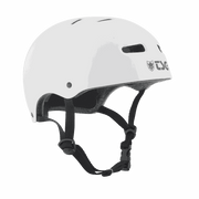 White TSG SkateBMX helmet with black adjustable straps and ventilation holes designed for skateboarding and BMX biking safety.