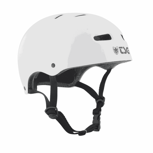 White TSG SkateBMX helmet with black adjustable straps and ventilation holes designed for skateboarding and BMX biking safety.
