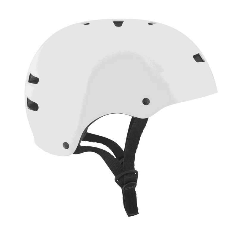 White TSG Skate/BMX helmet with black adjustable straps and ventilation holes, classic halfshell design.