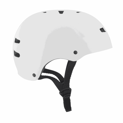 White TSG Skate/BMX helmet with black adjustable straps and ventilation holes, classic halfshell design.