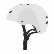 White TSG Skate/BMX helmet with black adjustable chin strap and ventilation holes, half-shell design for skate and BMX protection.