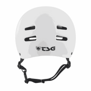 White TSG Skate/BMX helmet with ventilation slots and adjustable black chin strap