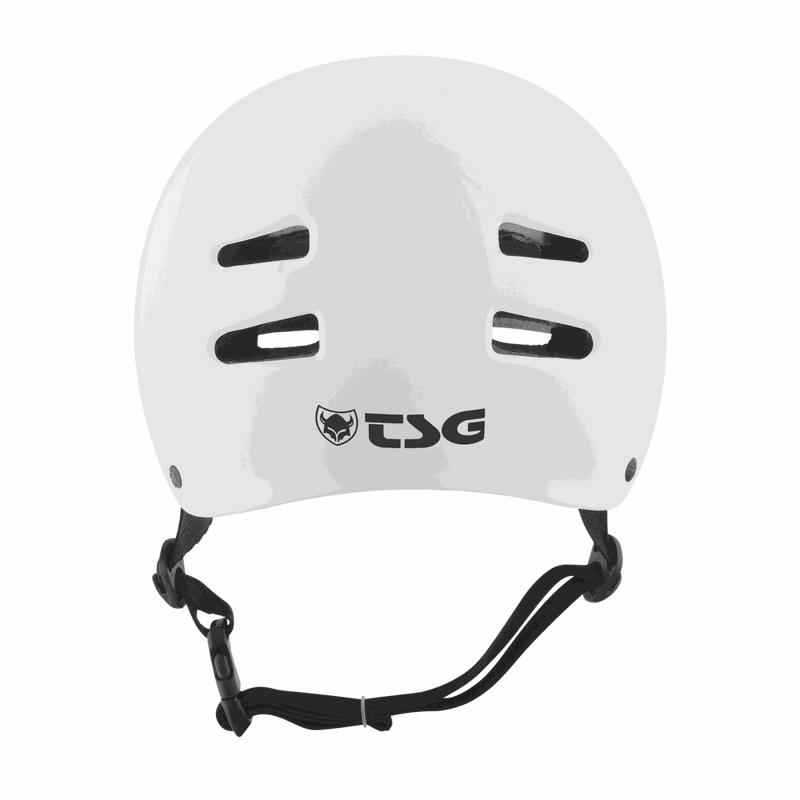 White TSG Skate/BMX helmet with ventilation slots and adjustable black chin strap