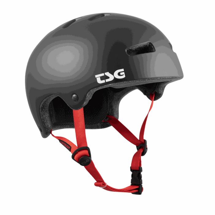 TSG Superlight solid color black skate helmet with red straps and lightweight design