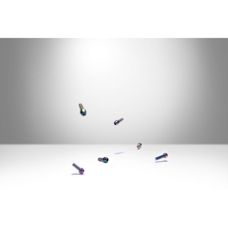 MTB ST1 Stem Bolts oil slick pack of 6, including 4 M6 x 18mm and 2 M6 x 20mm bolts on white background.