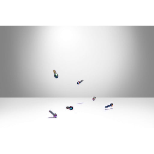 MTB ST1 Stem Bolts oil slick pack of 6, including 4 M6 x 18mm and 2 M6 x 20mm bolts on white background.