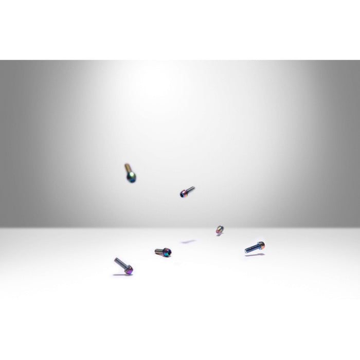 MTB ST1 Stem Bolts oil slick pack of 6, including 4 M6 x 18mm and 2 M6 x 20mm bolts on white background.