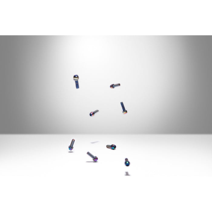 Set of eight oil slick MTB DM1 stem bolts, including four M6 x 18mm and four M6 x 20mm bolts.