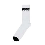 White cotton-blend Cult logo socks with black toe and stretchy durable fabric