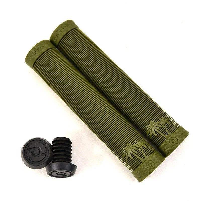 Olive green Primo Cali Grips with ribbed texture and palm tree design, including black end caps for bike handlebars.