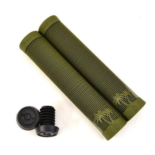 Olive green Primo Cali Grips with ribbed texture and palm tree design, including black end caps for bike handlebars.