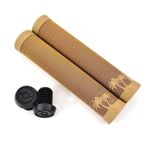 Primo Cali Grips tan flange-free bicycle handlebar grips with palm tree design and black end caps
