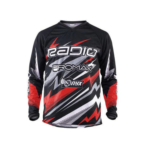 Radio Raceline Lightning Jersey with black, red, and white lightning design for cycling performance