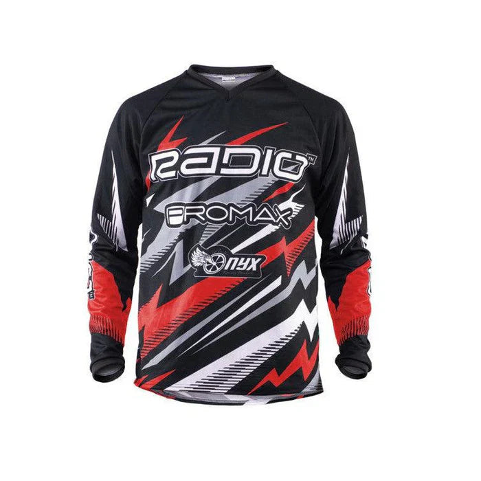 Radio Raceline Lightning Jersey with black, red, and white lightning design for cycling performance