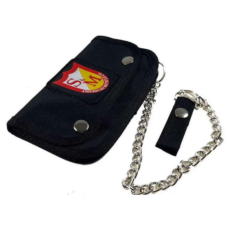 Black S&M Trucker Wallet with chain, snap belt loop, multiple compartments, and American patch