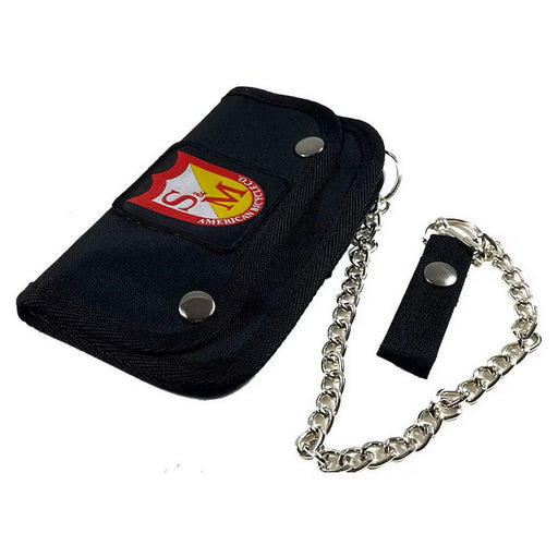 Black S&M Trucker Wallet with chain, snap belt loop, multiple compartments, and American patch
