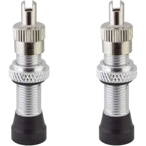 Pair of Alienation tubeless valves with removable cores and black and silver anodized finish