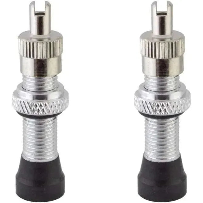 Pair of Alienation tubeless valves with removable cores and black and silver anodized finish
