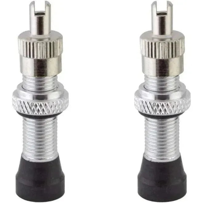Pair of ALIENATION VALVE tubeless bicycle valves with removable core and black silver anodize finish