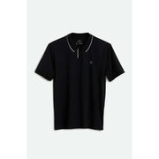 Black BRIXTON PROPER polo knit shirt with white trim on collar and small embroidered logo on chest