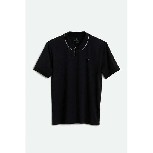 Black BRIXTON PROPER polo knit shirt with white trim on collar and small embroidered logo on chest