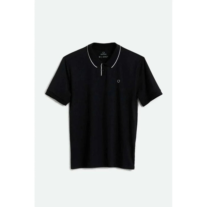 Black BRIXTON PROPER polo knit shirt with white trim on collar and small embroidered logo on chest